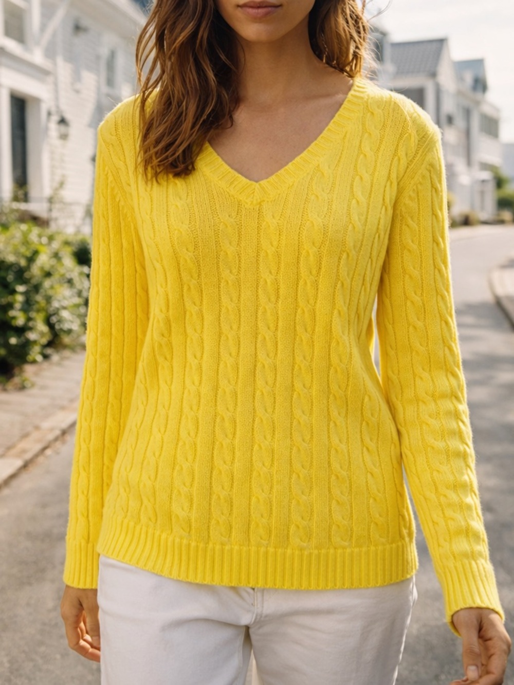 Lauren Ralph Lauren Cable Knit Sweater Yellow Cotton V Neck L